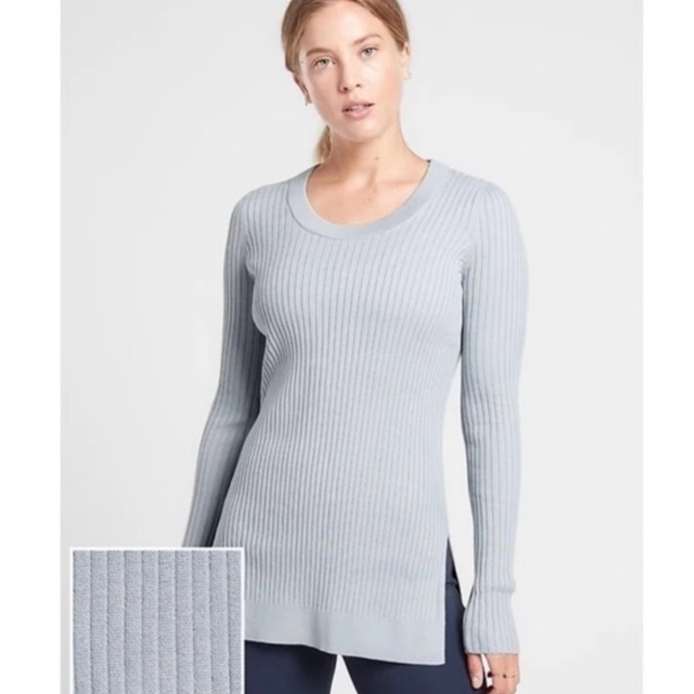 Athleta Lincoln Park Ribbed Side Slit Knit Sweater Light Blue Size Medium